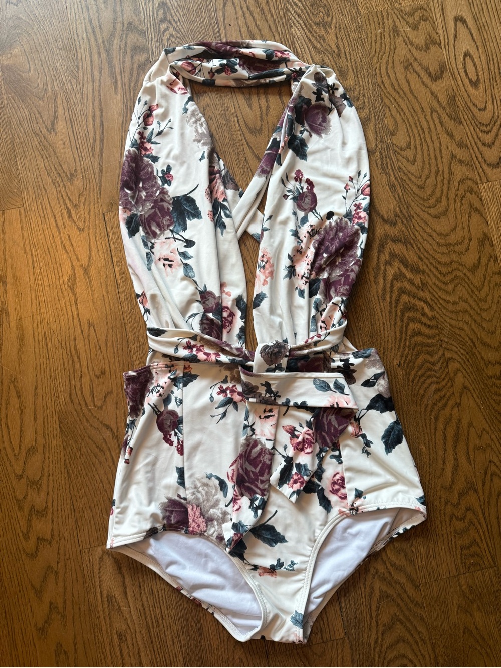 Retro Floral Halter One-Piece Swimsuit in Cream and Plum